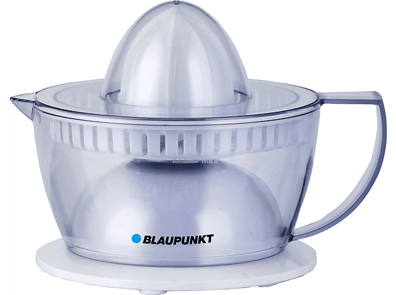 Ein transparenter elektrischer Entsafter mit silbernem Aufsatz, die Marke ist Blaupunkt.