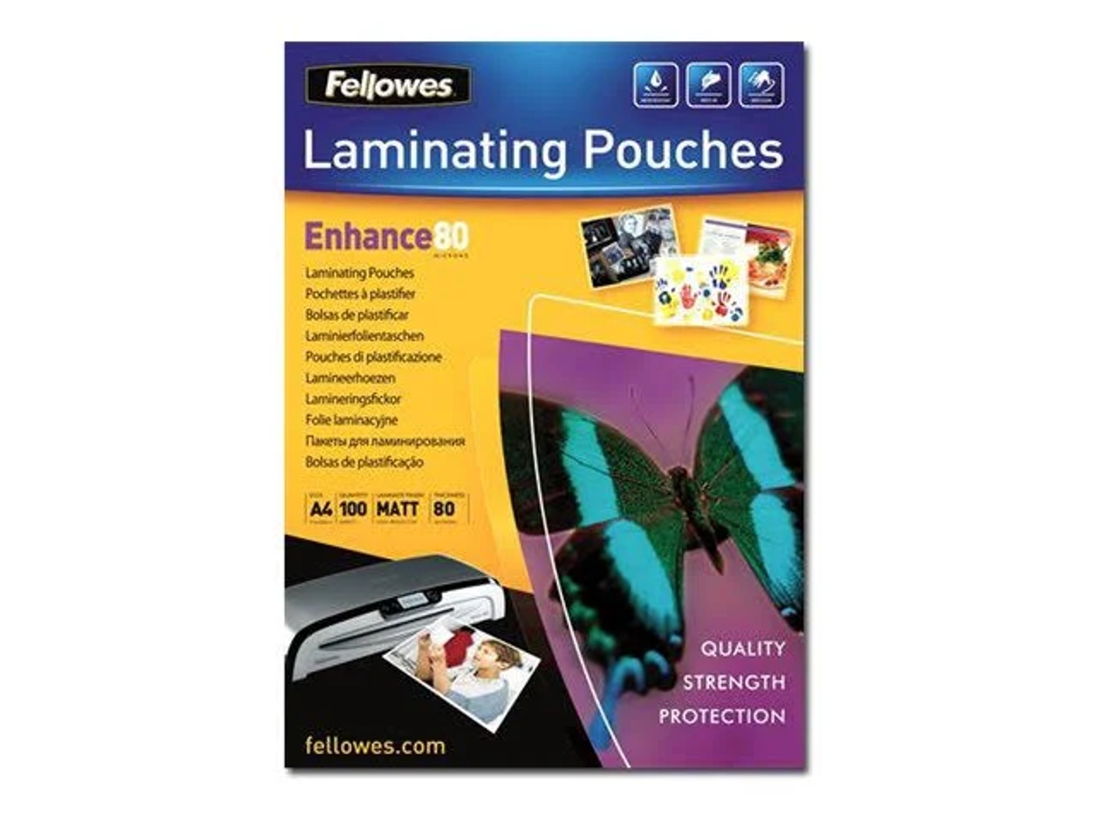 Laminierfolienpackung. Buntes Design mit Schmetterling und Fotos, weißer Hintergrund.