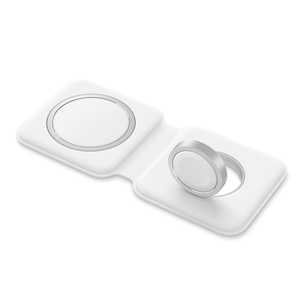 Chargeur Apple MagSafe Duo blanc, ouvert. Fond blanc.