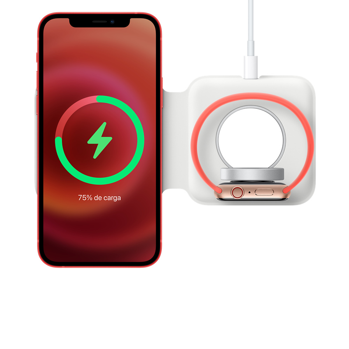 Chargeur sans fil avec téléphone et montre. Le téléphone affiche 75% de charge.