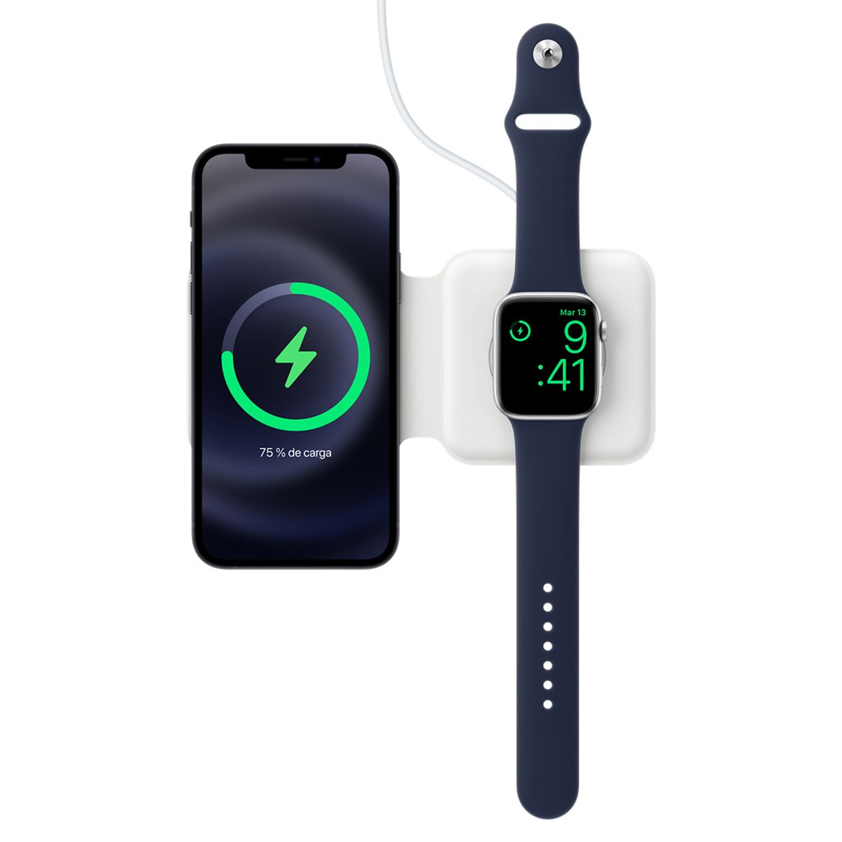 Appareils Apple en charge. iPhone et Apple Watch sur un socle de charge blanc.