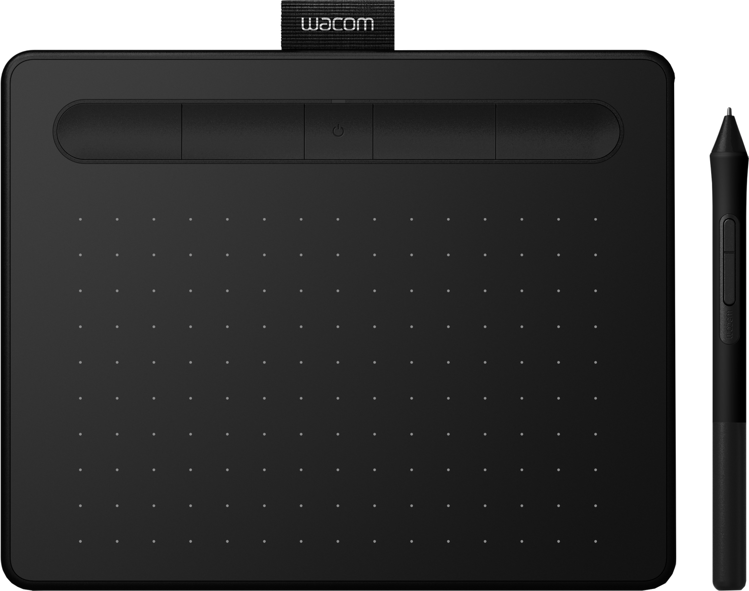 Un tablet da disegno nero con uno stilo. Il tablet ha pulsanti e punti.