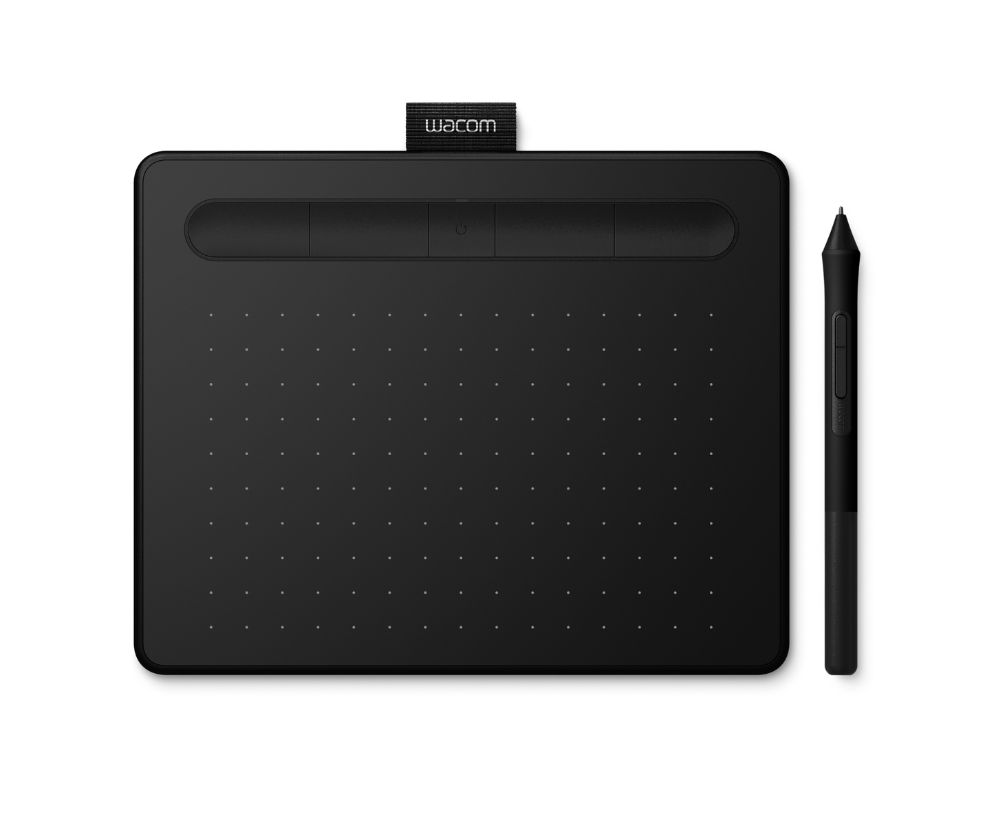 Tavoletta grafica Wacom nera e penna. La tavoletta ha pulsanti e una superficie strutturata.