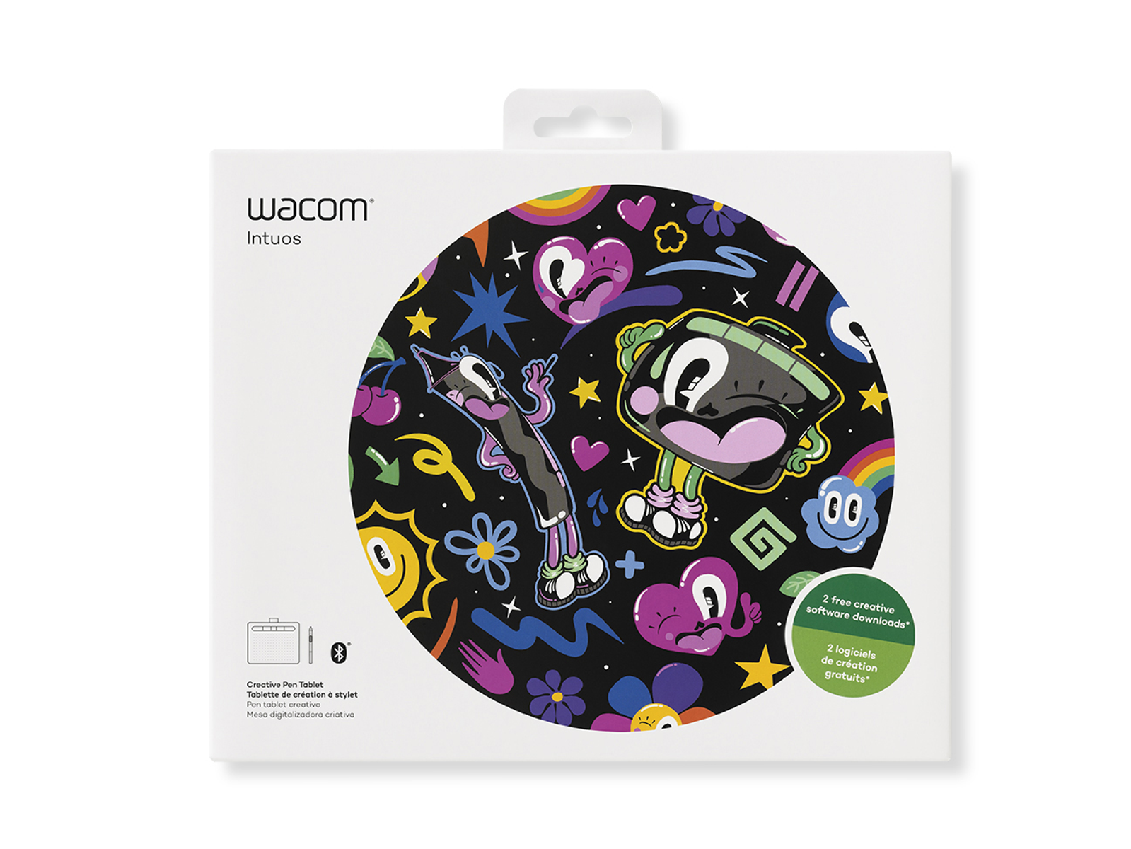 Scatola tablet Wacom Intuos con grafica cartoon sul fronte, sfondo bianco.