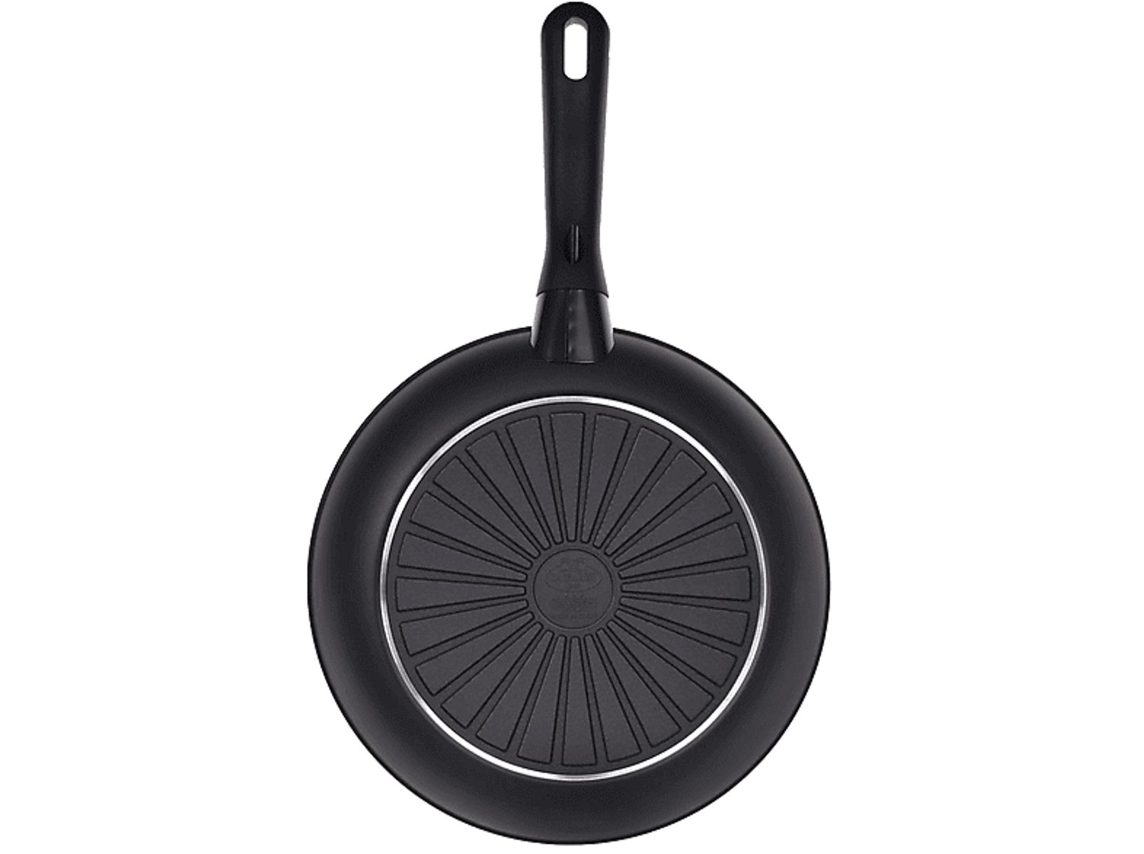 Czarna patelnia, widok od spodu. Koncentryczne pierścienie i srebrna krawędź. Uchwyt jest czarny.