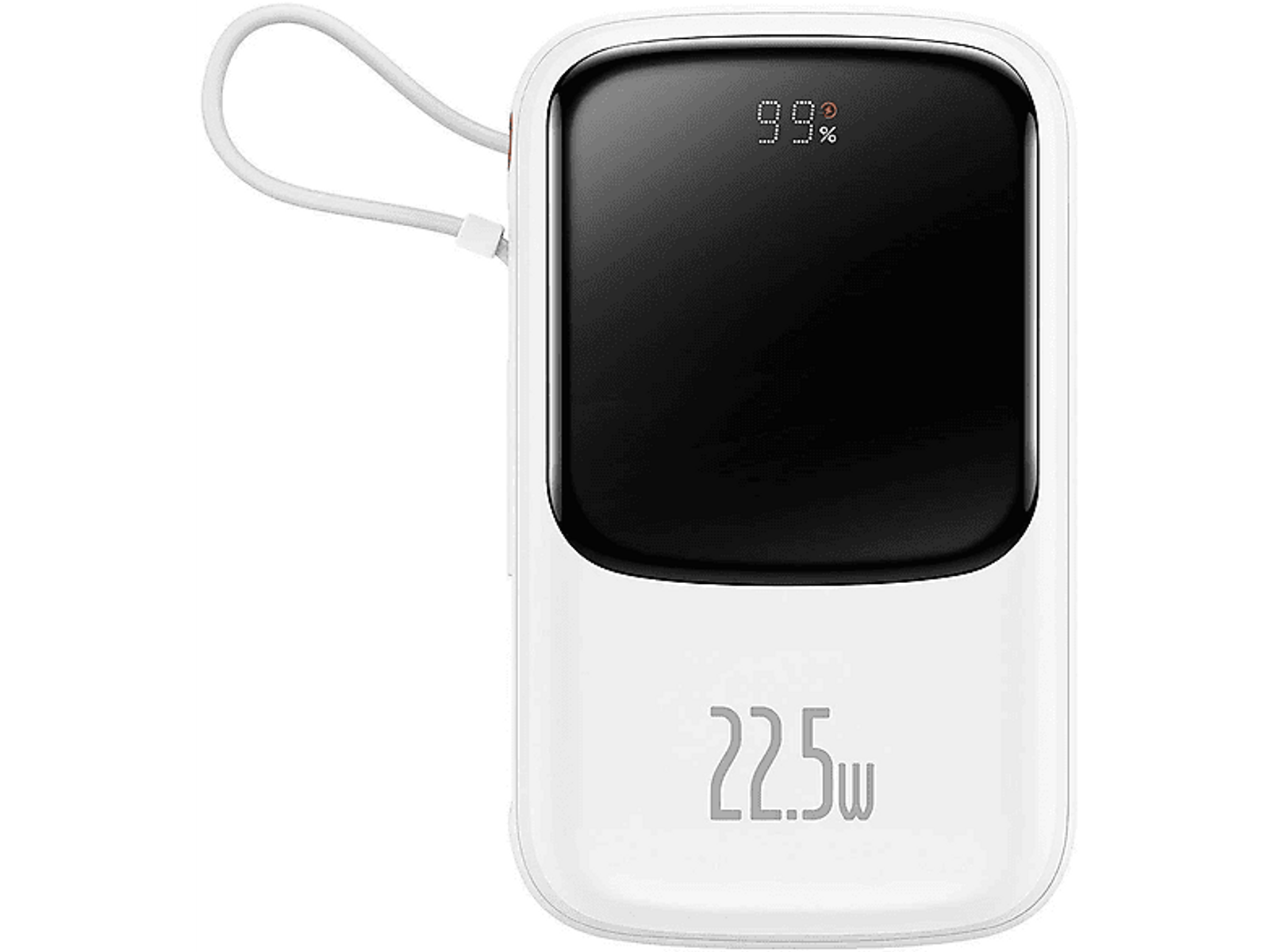 Biały power bank pokazujący 99% naładowania. Ma małą pętlę i napis '22.5w'.