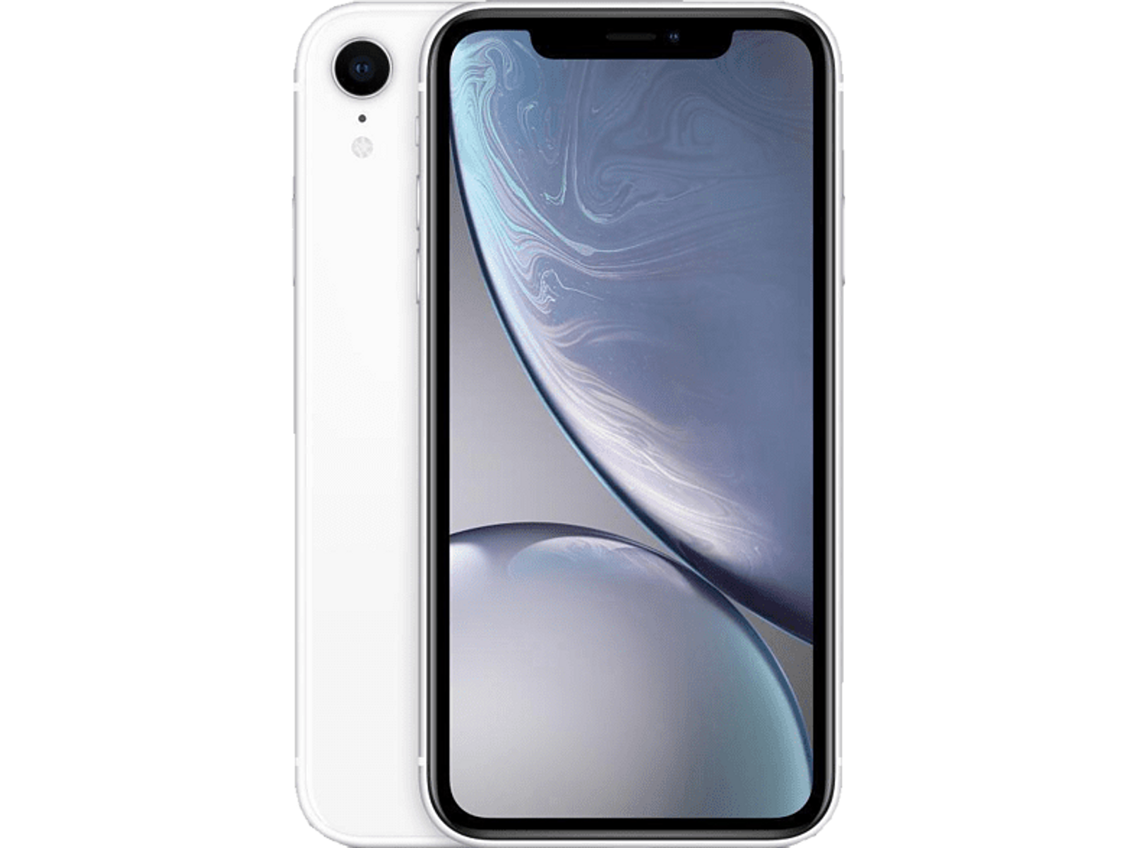 Weißes iPhone XR, Vorder- und Seite zeigend, mit einer einzigen Kamera auf der Rückseite.