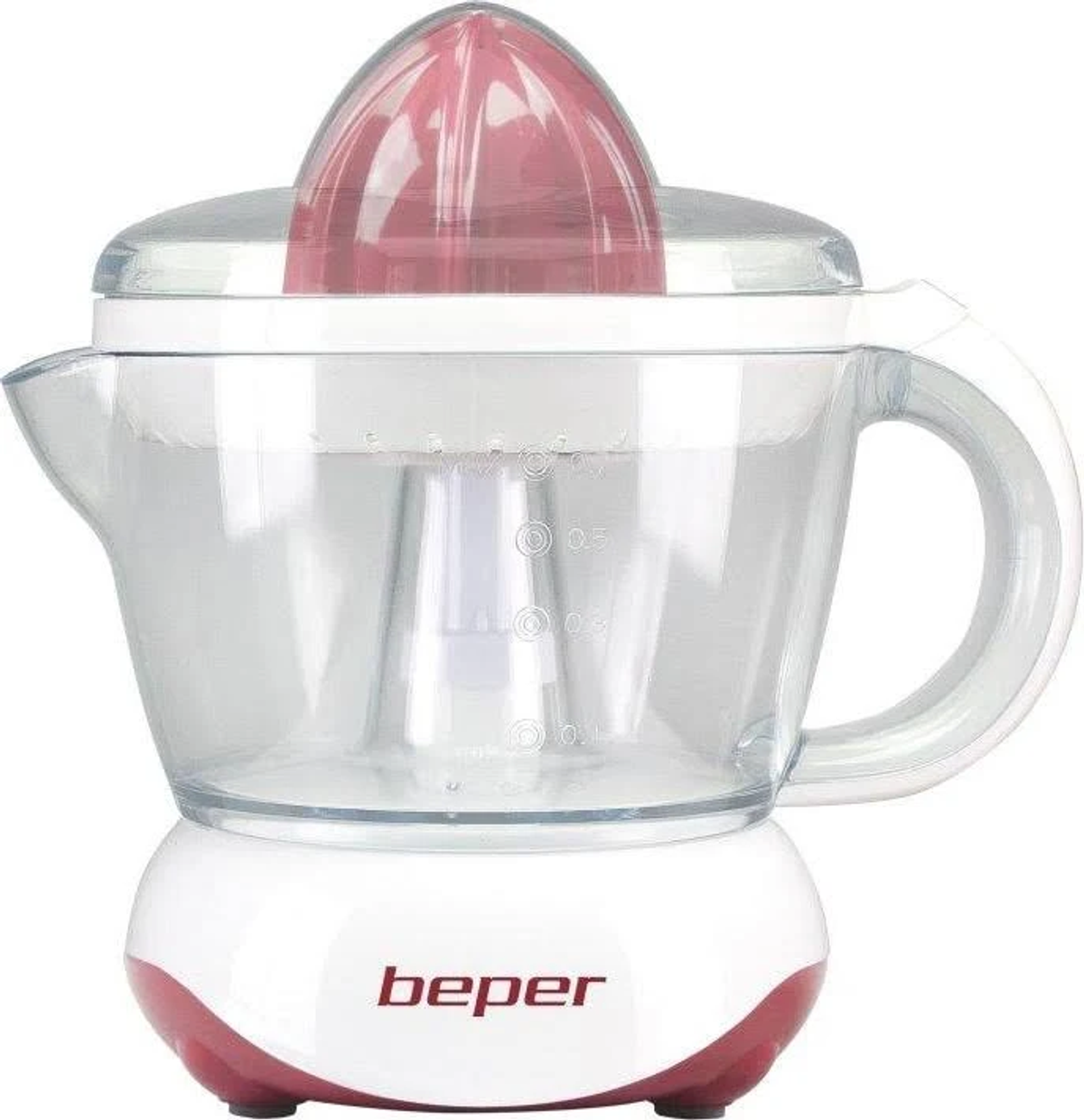 Spremiagrumi elettrico Beper bianco e rosso. Il coperchio è trasparente.