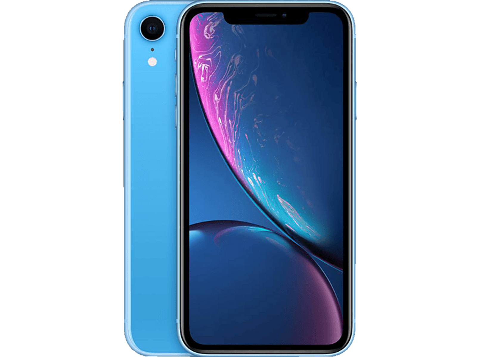 Blaues iPhone XR auf schwarzem Hintergrund. Der Bildschirm zeigt ein farbenfrohes Bild.