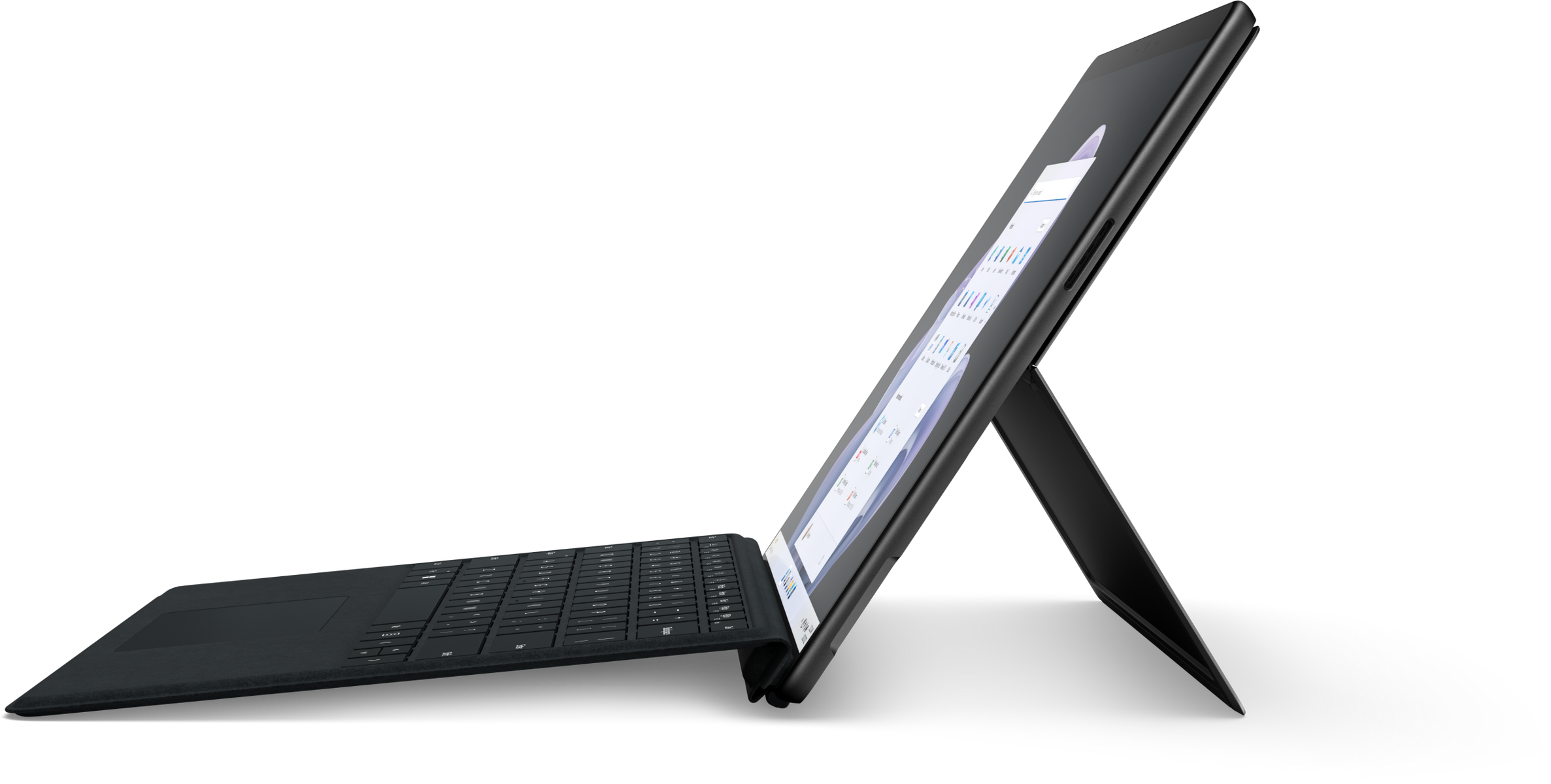 Un laptop nero con tastiera e supporto, aperto su sfondo nero.