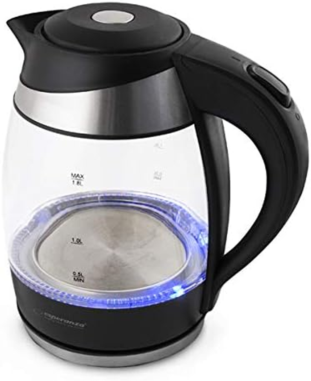 Przezroczysty szklany czajnik elektryczny z czarnym uchwytem i podstawą. Ma niebieskie światło na dole.