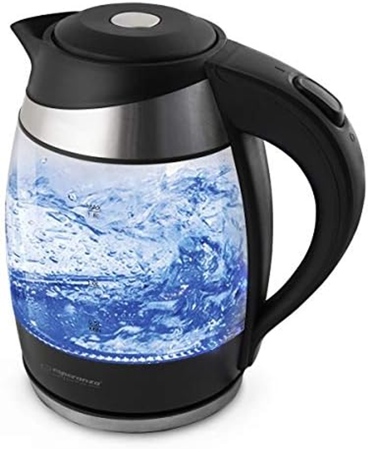 Czarny i przezroczysty czajnik elektryczny z wodą w środku, podświetlony na niebiesko.