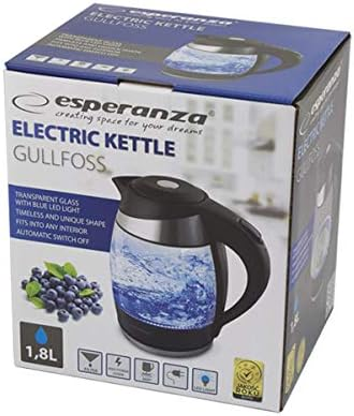 Pudełko z czajnikiem elektrycznym. Czajnik jest czarny i ma niebiesko podświetlaną komorę na wodę.