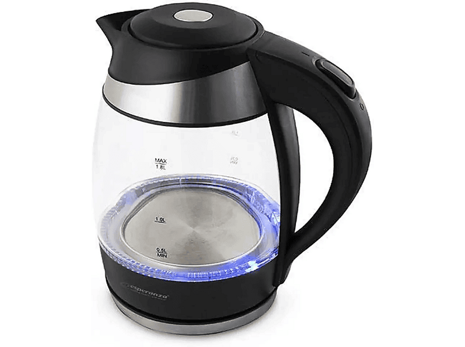 Czajnik elektryczny ze szklanym korpusem, czarną podstawą i uchwytem. Niebieskie światło oświetla dno.