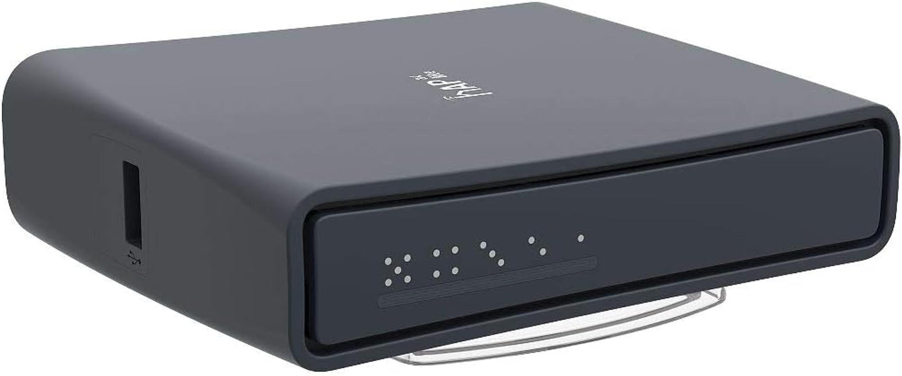 Czarne urządzenie sieciowe z wieloma światłami i portem USB.