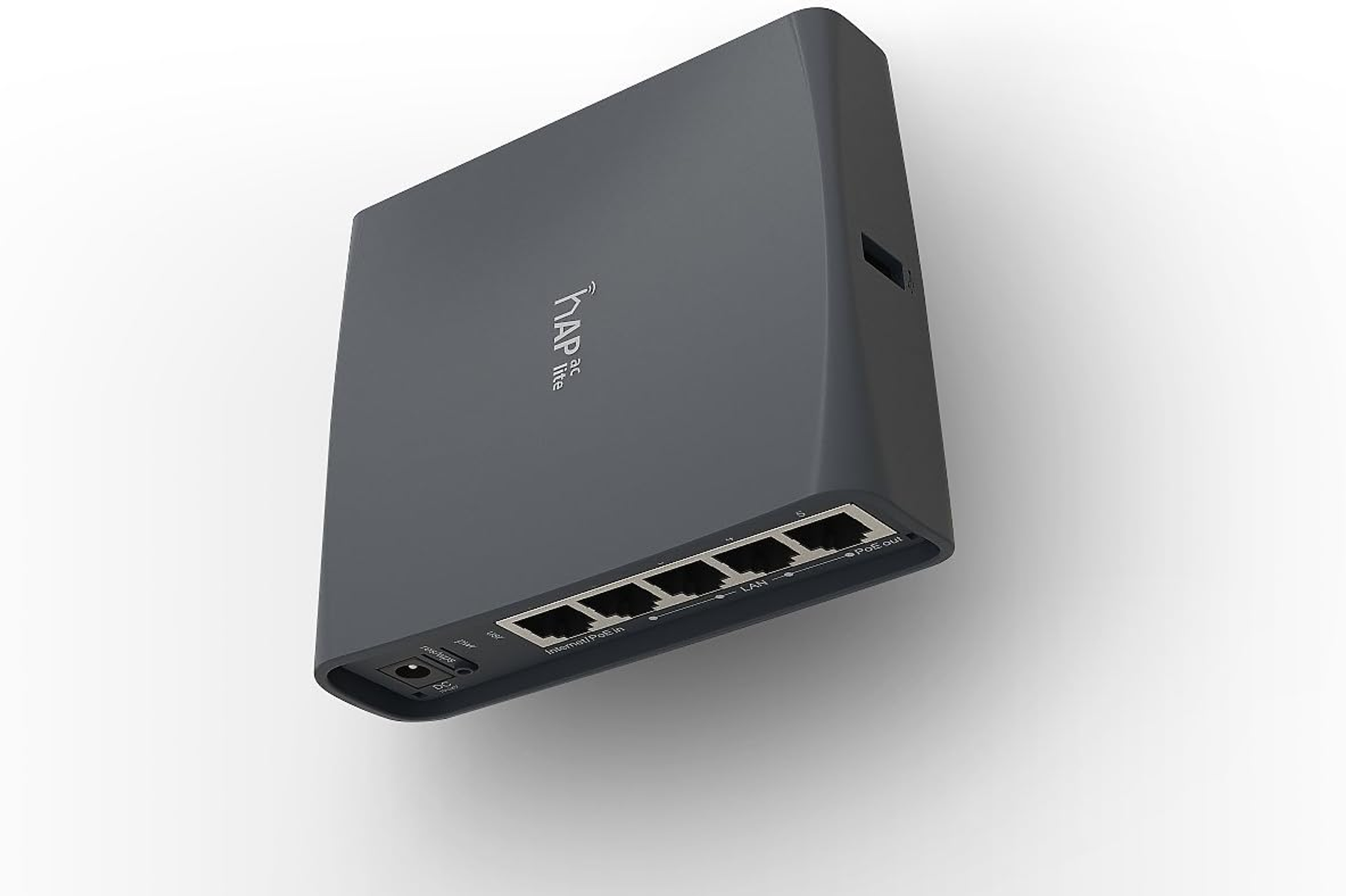 Szare urządzenie punktu dostępu z wieloma portami i anteną.