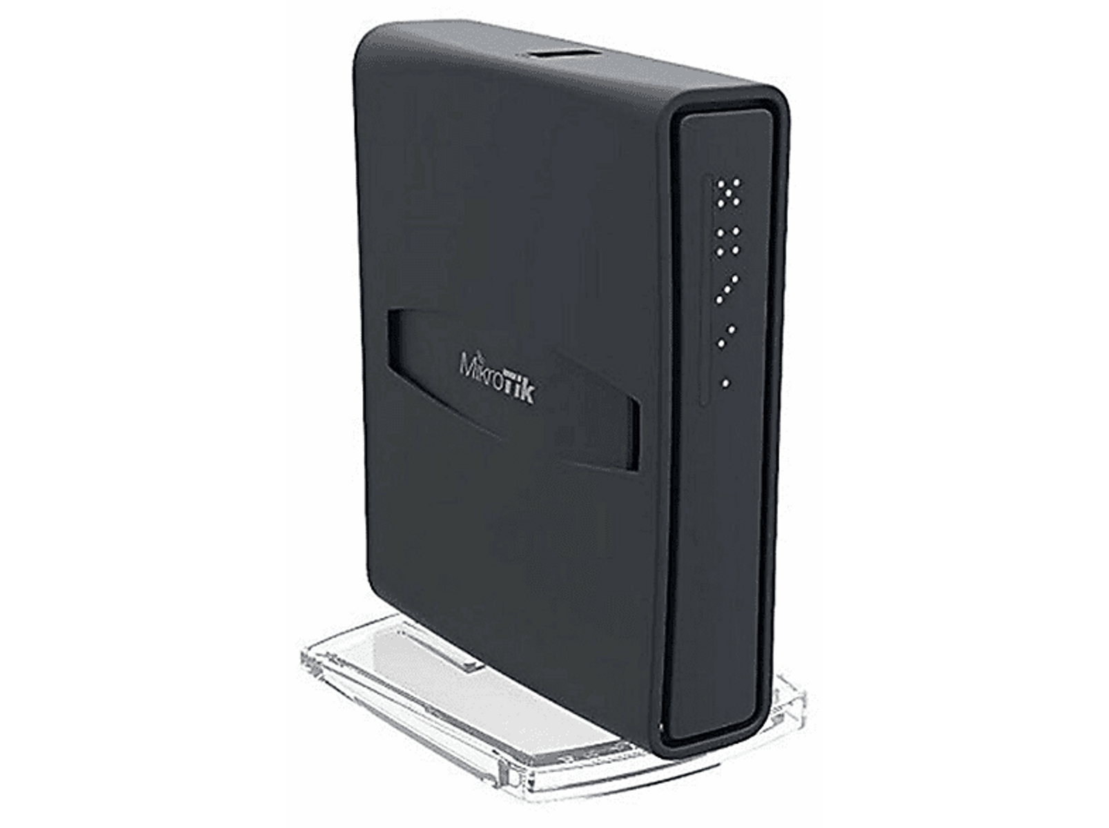 Czarny router MikroTik na przezroczystym plastikowym stojaku. Ma diody LED z przodu.