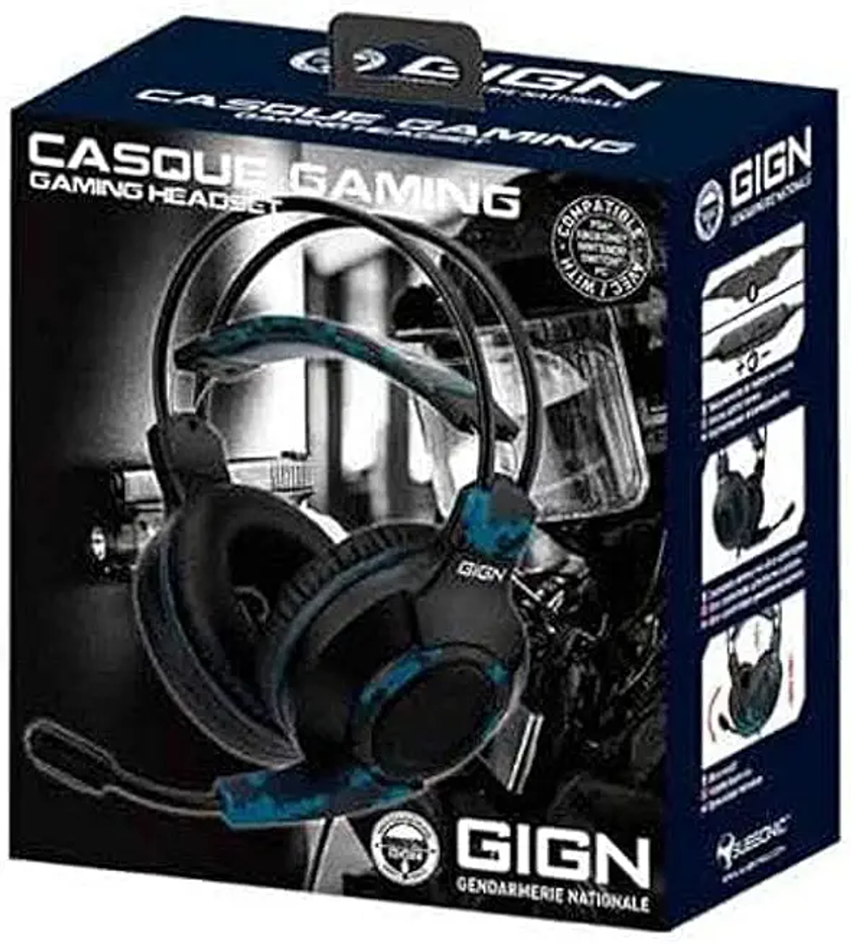 Cuffie da gioco in una scatola. Design nero e blu con il logo GIGN e un'immagine delle cuffie.