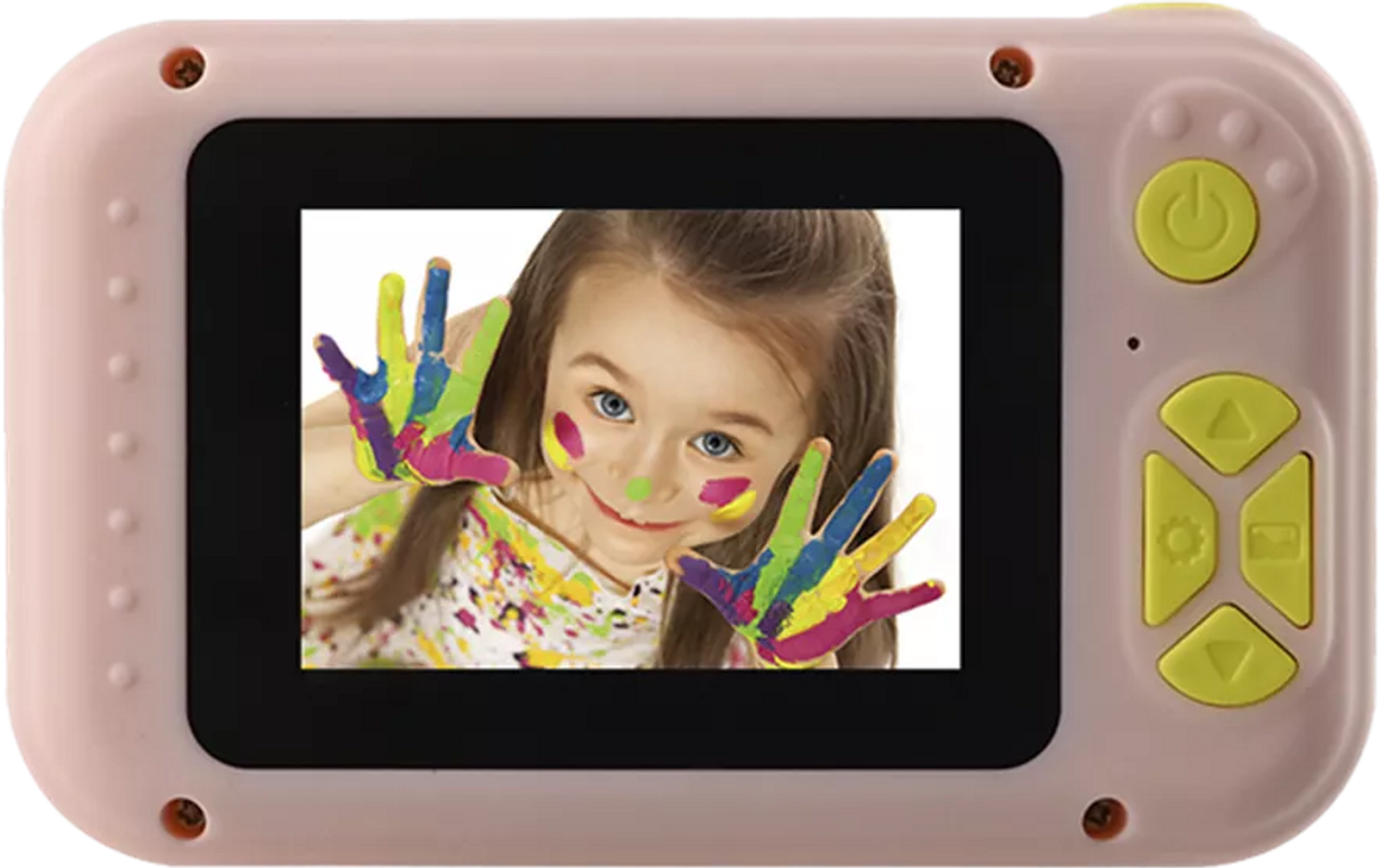 Cámara rosa para niños, pantalla mostrando la cara de una niña con manos pintadas.