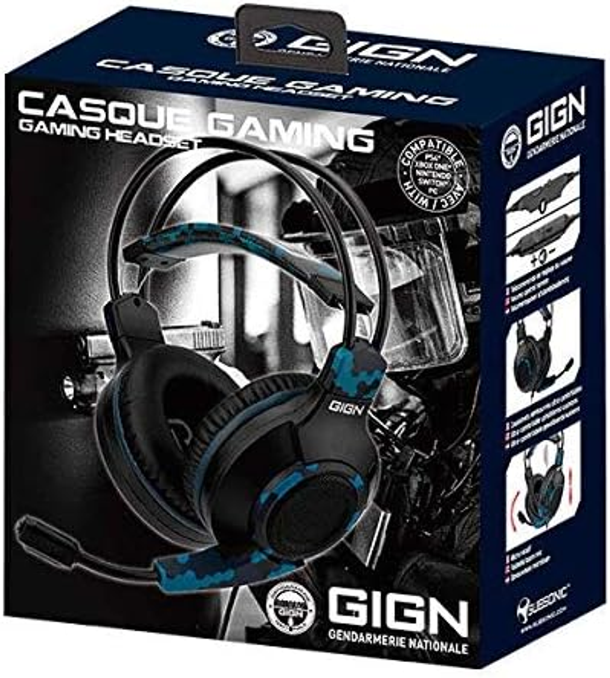Cuffie da gioco in una scatola. Design blu e nero con logo GIGN e testo. Sfondo bianco.