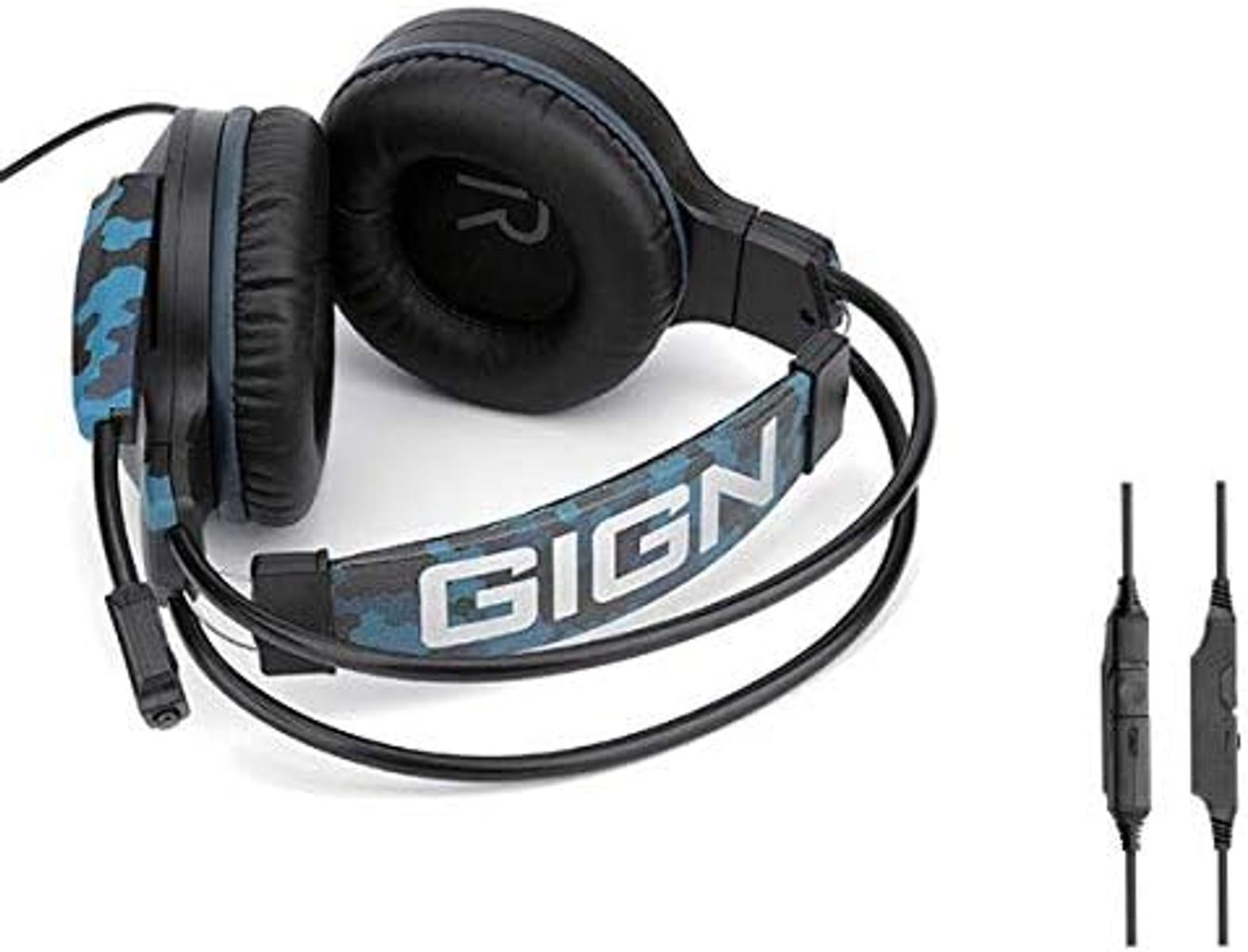 Cuffie da gioco con un design mimetico blu. Il marchio è GIGN. Lo sfondo è bianco.