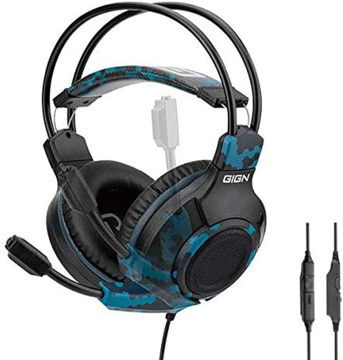 Cuffie da gioco nere e blu con microfono e controlli del volume, sfondo bianco.
