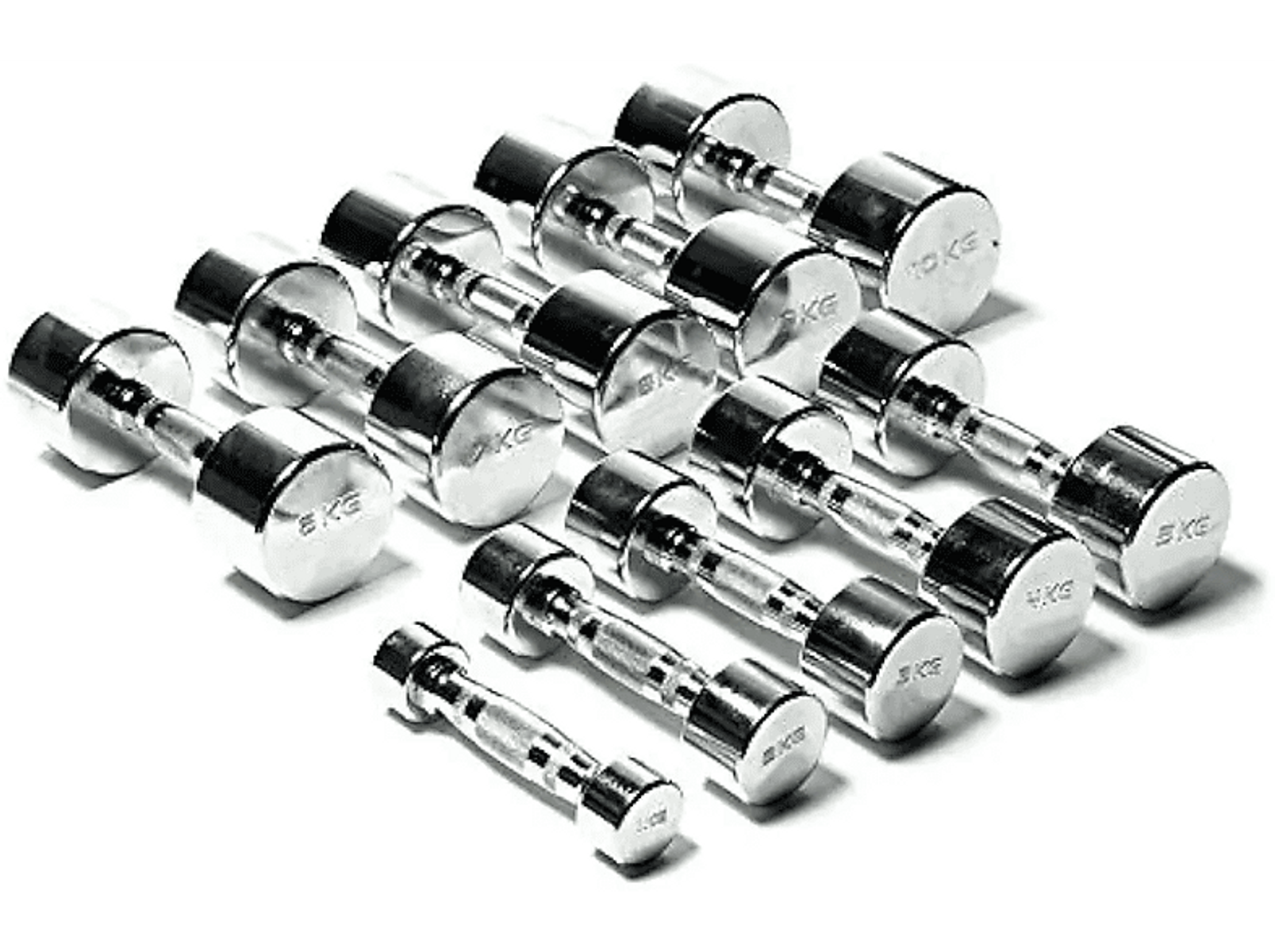 Een set dumbbells met verschillende gewichten, gerangschikt op een wit oppervlak.