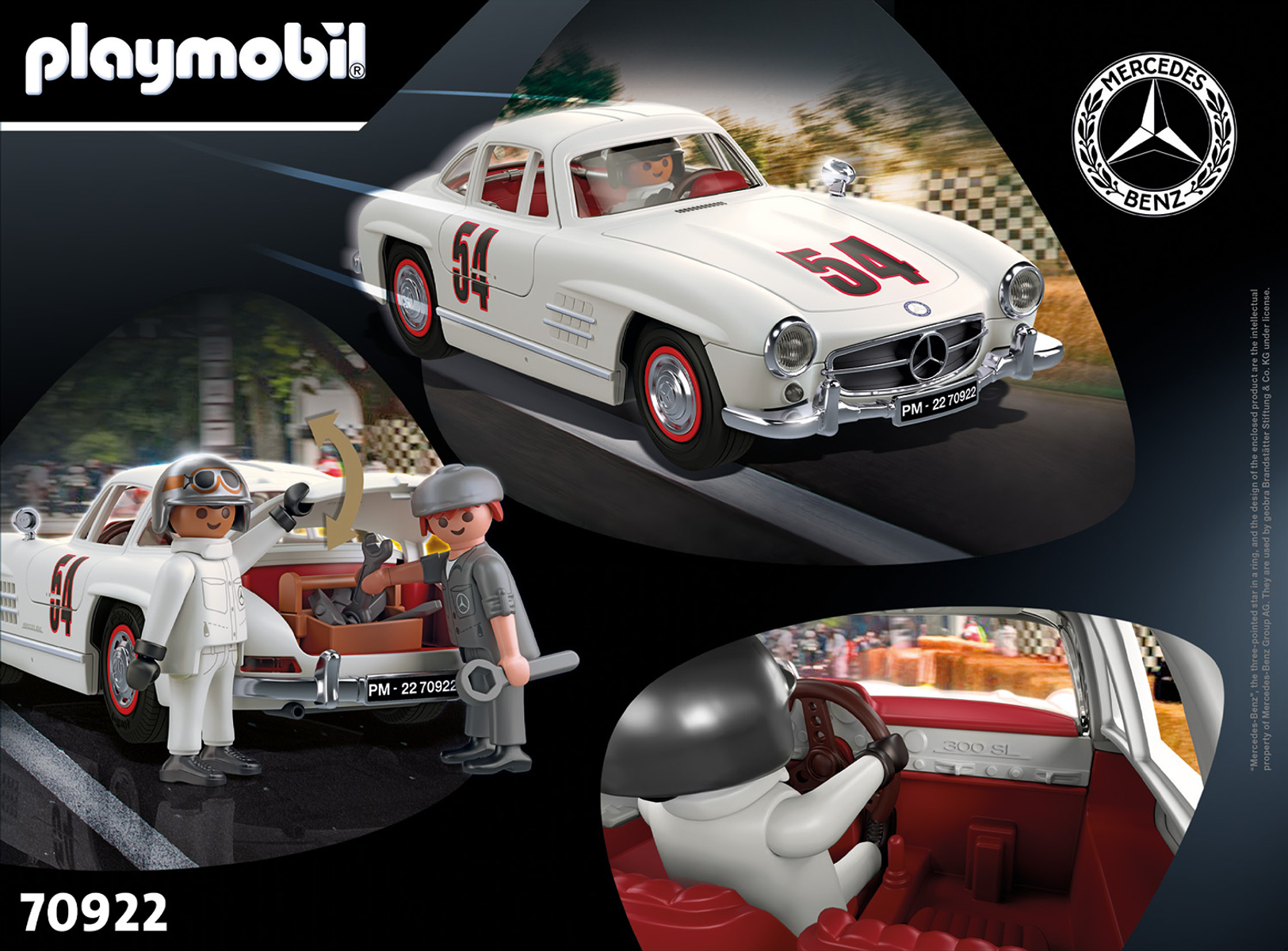 Set Playmobil con un'auto d'epoca bianca e personaggi.