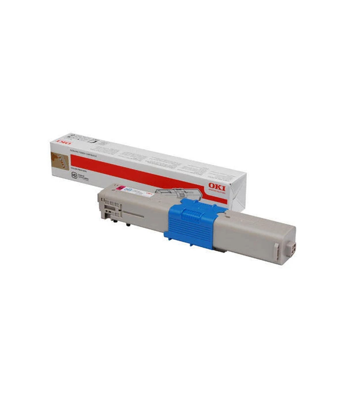 Wkład z tonerem OKI i pudełko. Wkład jest szary i niebieski, pudełko białe i czerwone.