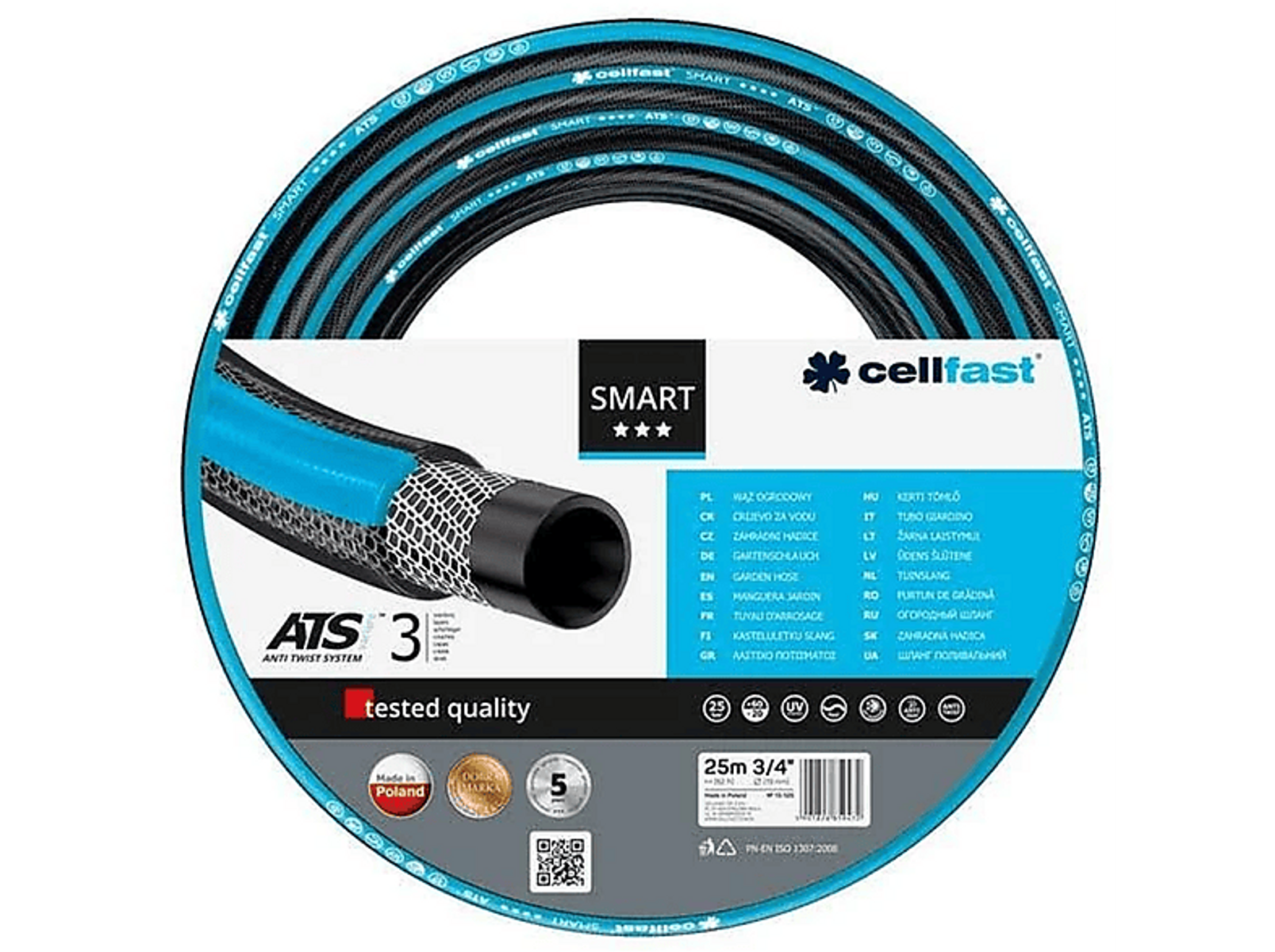 Niebiesko-czarny wąż ogrodowy z tekstem i logo na białym tle.