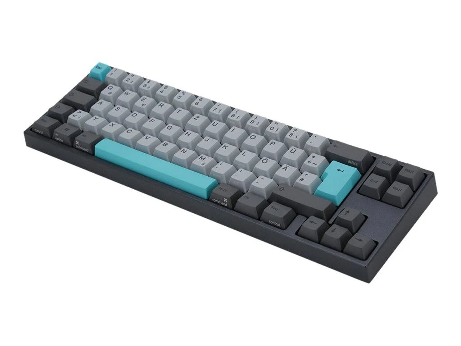 Schwarze, graue und blaue mechanische Tastatur auf weißer Oberfläche. Die Tastenkappen sind verschiedenfarbig.