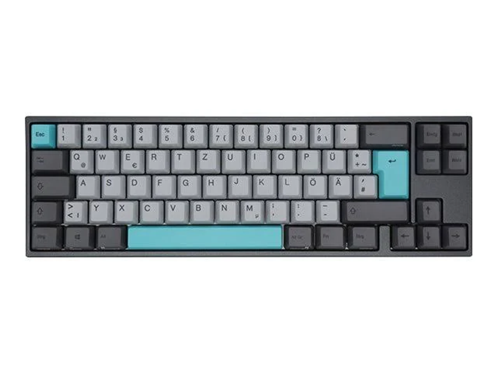 Eine kompakte Tastatur mit grauen und teal-farbenen Tasten. Es hat ein modernes Design.