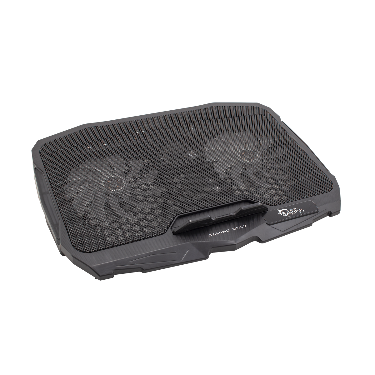 Ein schwarzer Laptop-Kühler mit zwei Lüftern und einem Mesh-Top, beschriftet mit 'GAMING ONLY'.