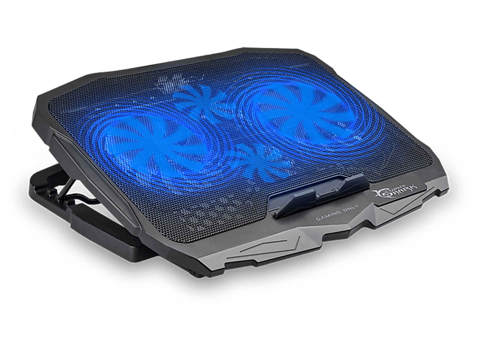 Schwarzer Laptop-Kühler mit blauen LED-Lüftern, abgewinkeltes Design. Text 'Nur zum Spielen' sichtbar.