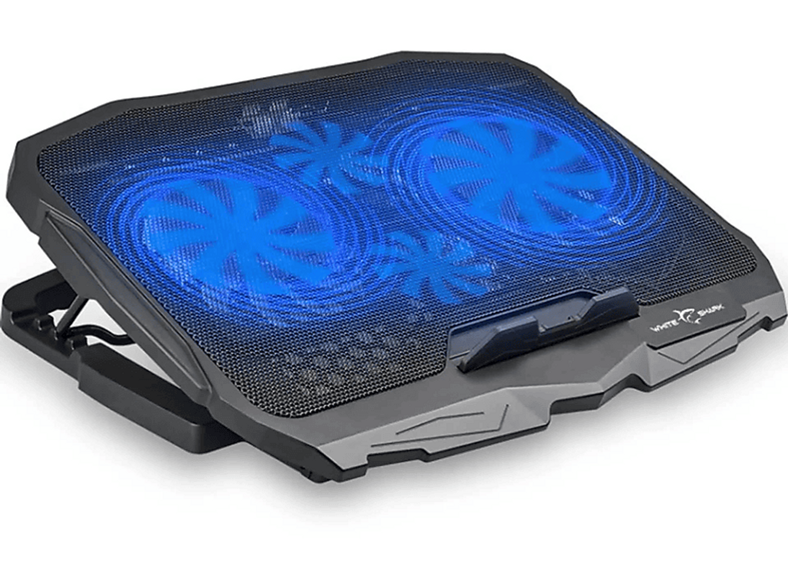 Laptop-Kühlpad mit zwei blauen, sich drehenden Lüftern, schwarzem Netz und Kunststoffrahmen.