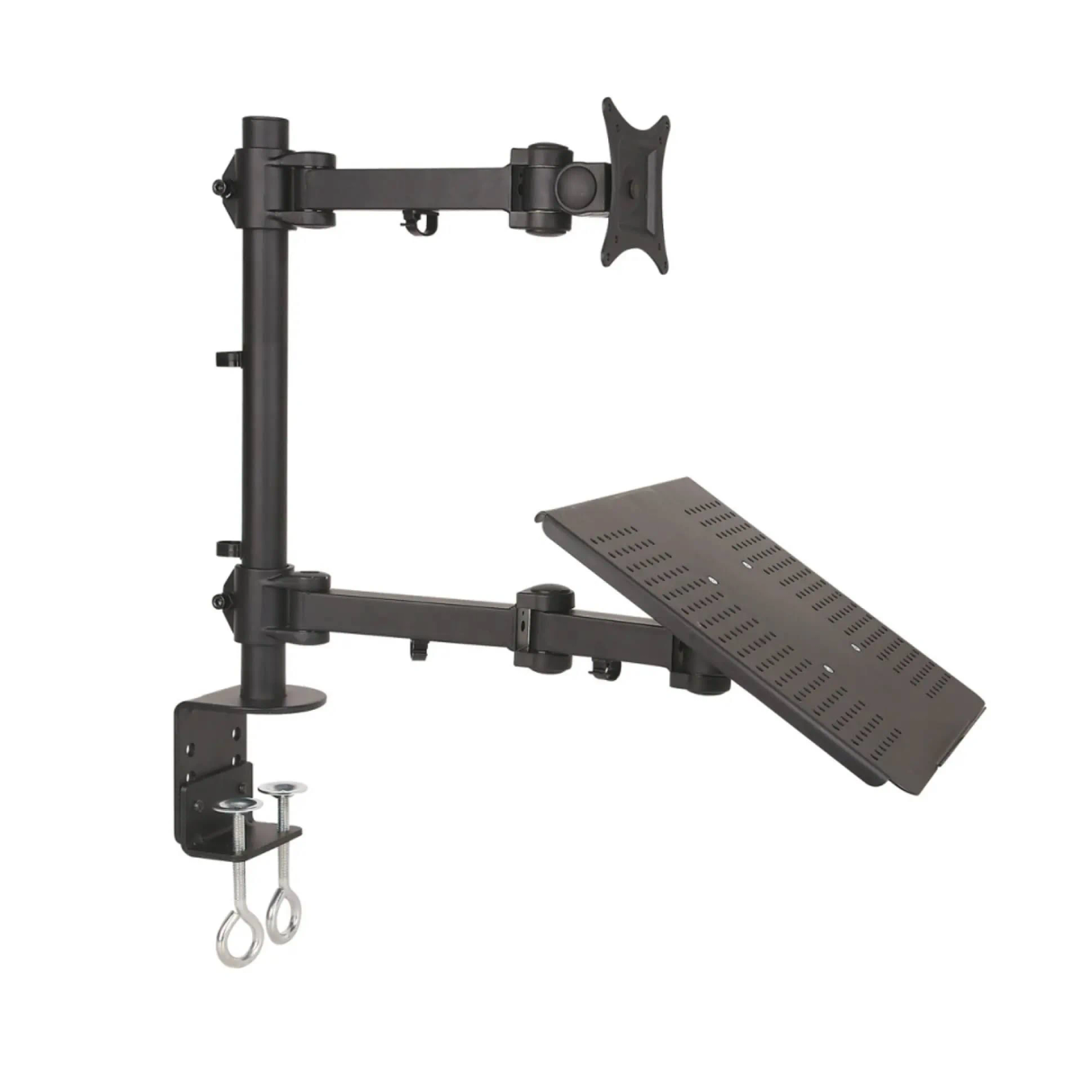 Bras de moniteur noir avec plateau pour ordinateur portable et moniteur, sur fond blanc.
