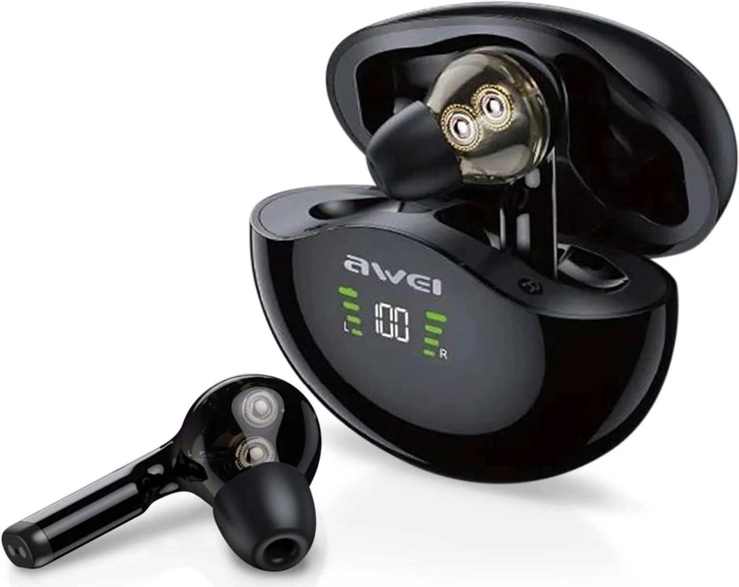 Auricolari Awei neri nella custodia, con display di ricarica al 100%.
