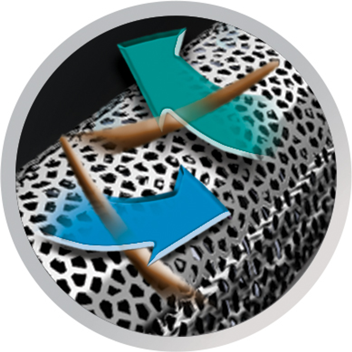 Abstrakcyjny obraz z dwiema niebieskimi strzałkami na teksturowanym tle, wewnątrz szarego okręgu.