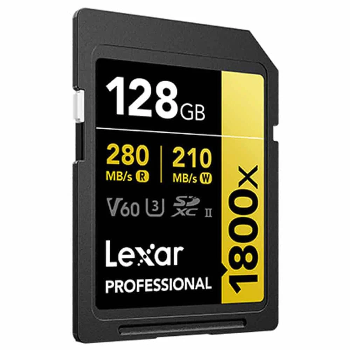 Carte SD avec des étiquettes noires et jaunes. Le texte inclut '128 Go', '1800x' et 'Lexar PROFESSIONAL'.
