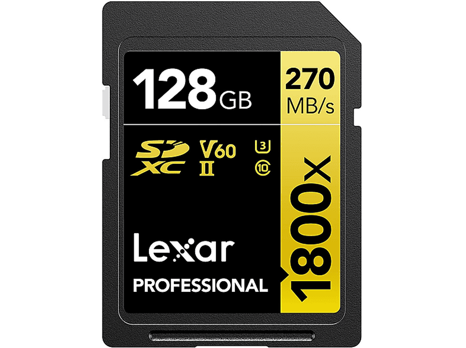 Schwarze Lexar 128GB SD-Karte. Sie hat Spezifikationen wie 270MB/s, V60 und 1800x Geschwindigkeitsbewertung.
