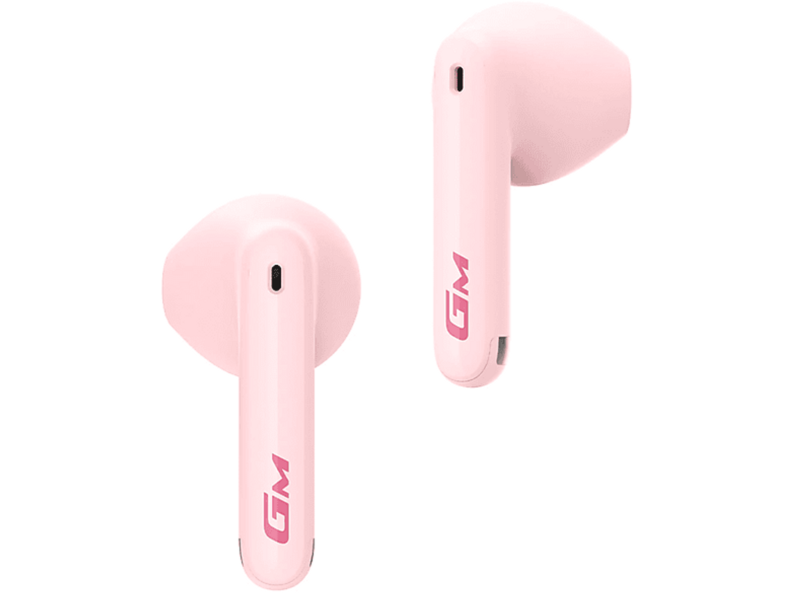 Dos auriculares inalámbricos rosas con el logo 'GM' en el lateral, sobre fondo blanco.