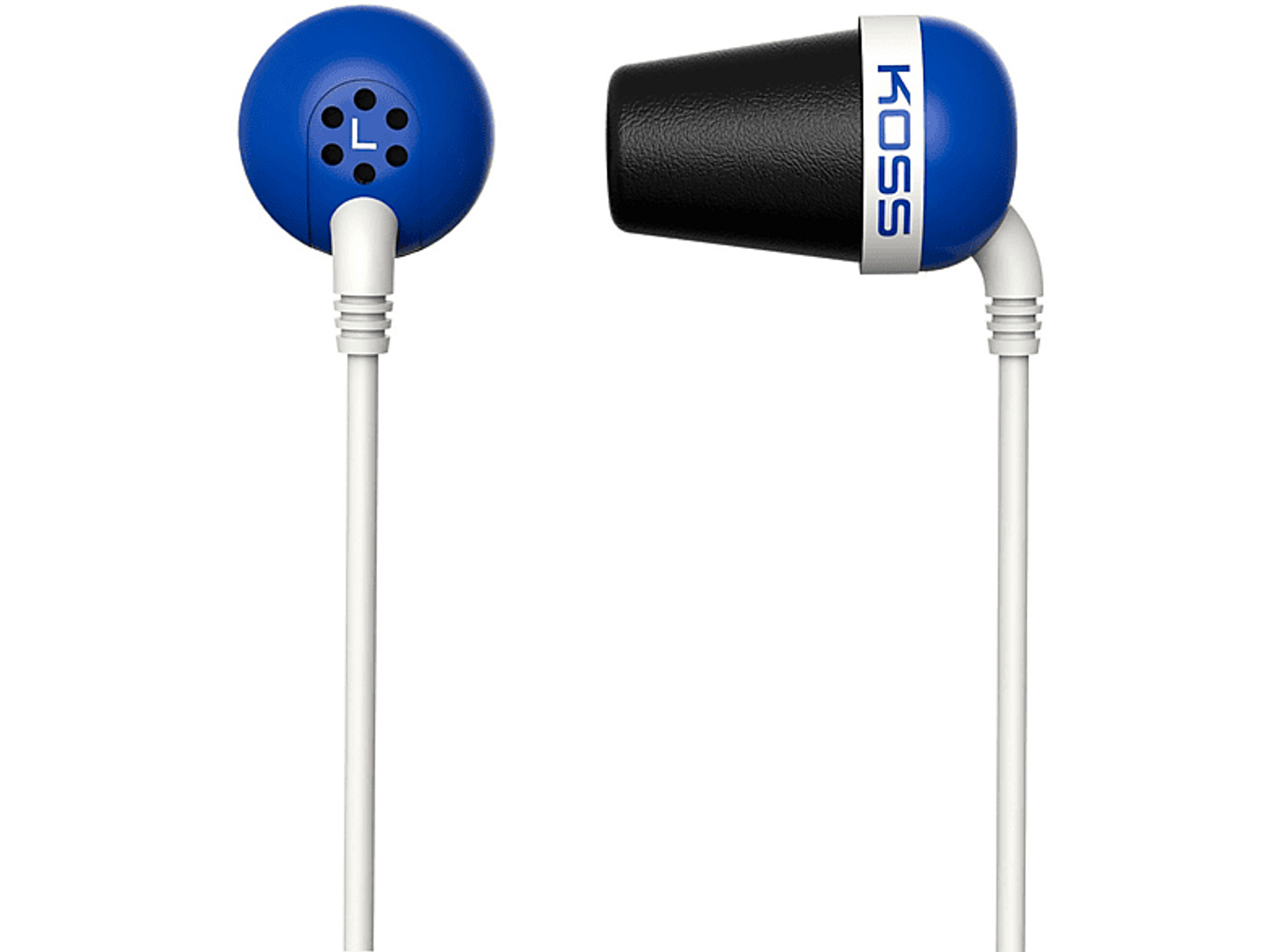 Auriculares: azules y negros, con cable blanco. La marca Koss es visible.