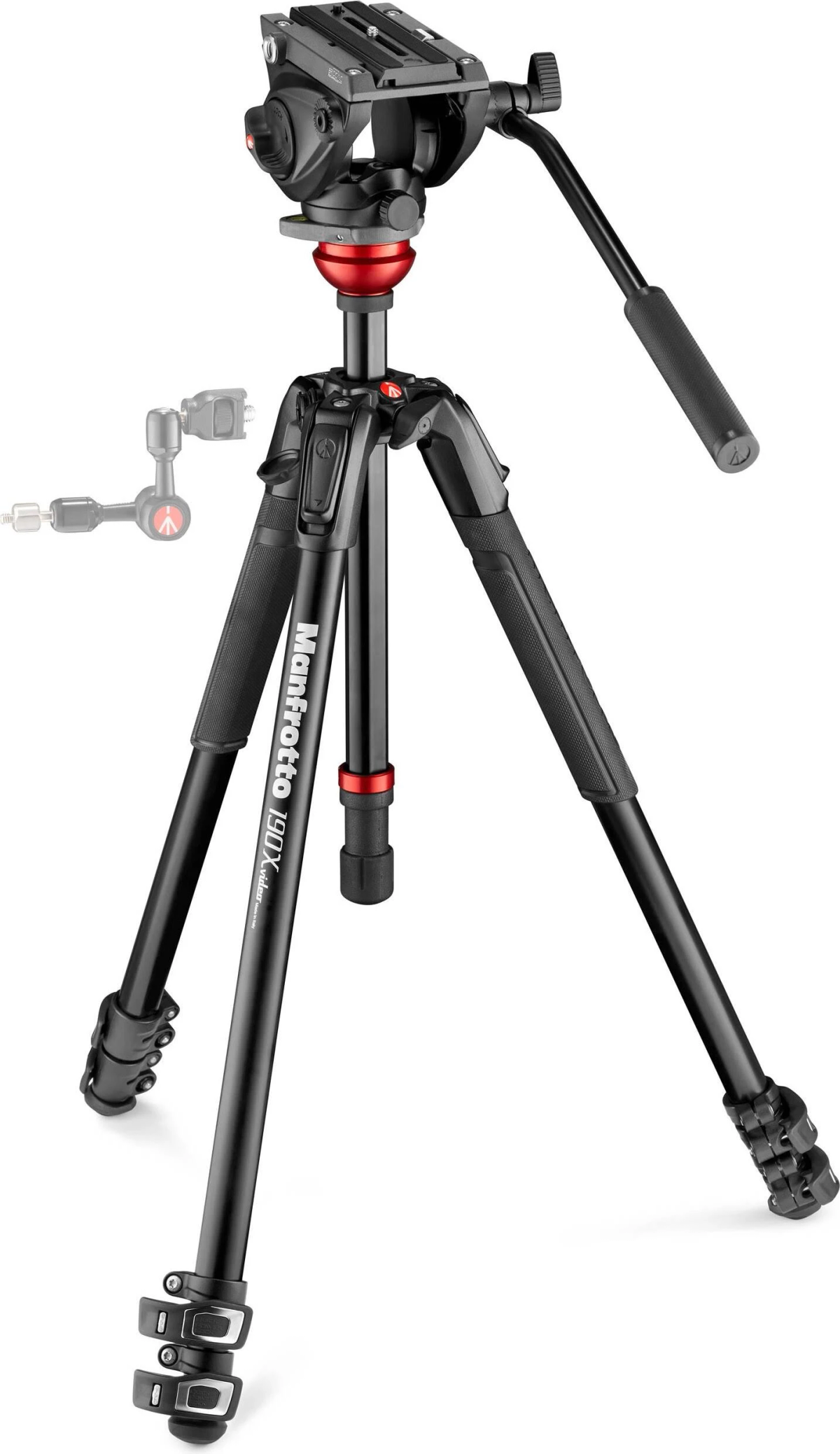 Trípode negro con cabezal Manfrotto y detalles rojos. Las patas están extendidas.