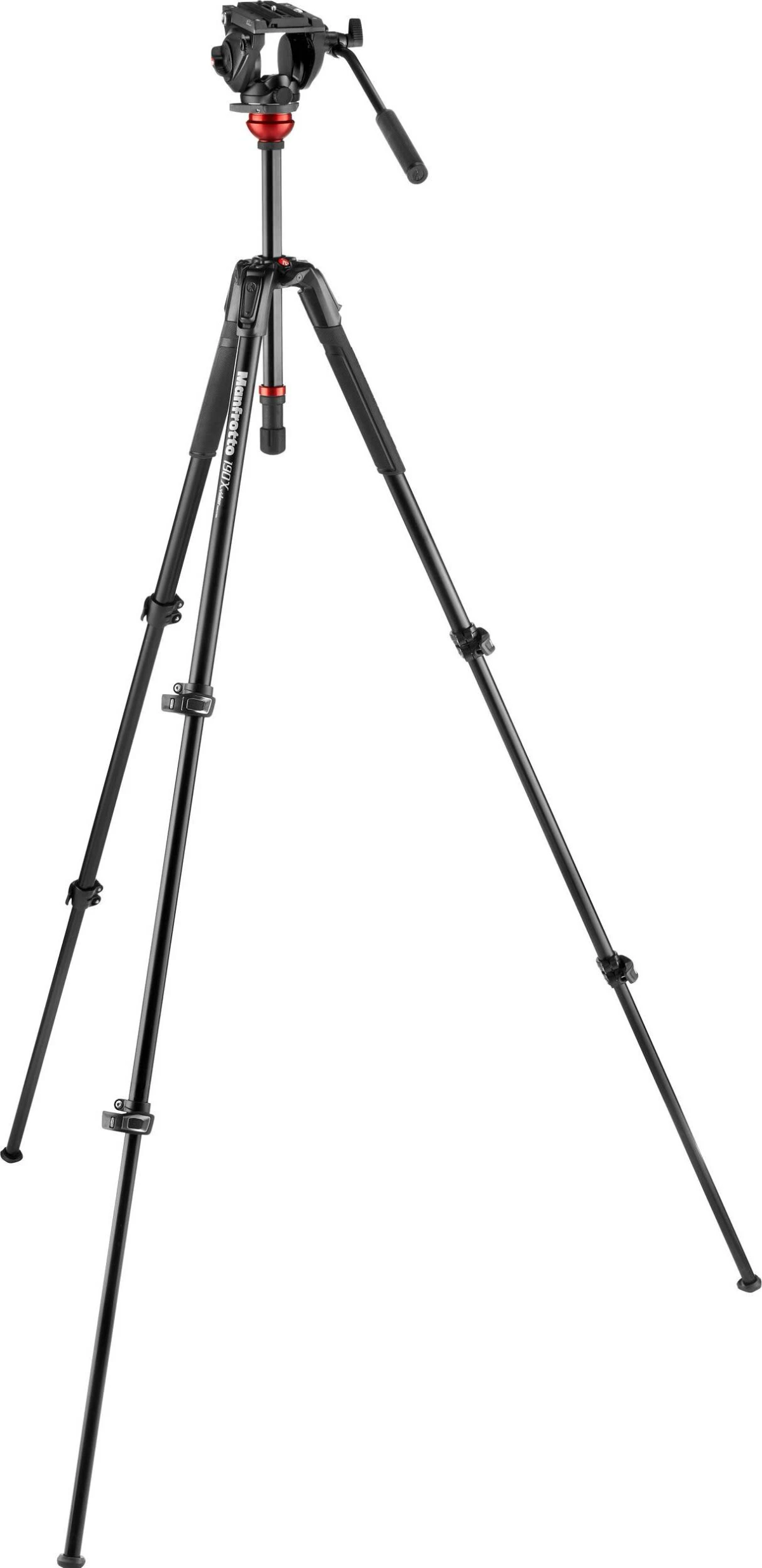 Trípode negro con cabezal de cámara, patas extendidas, sobre fondo blanco.