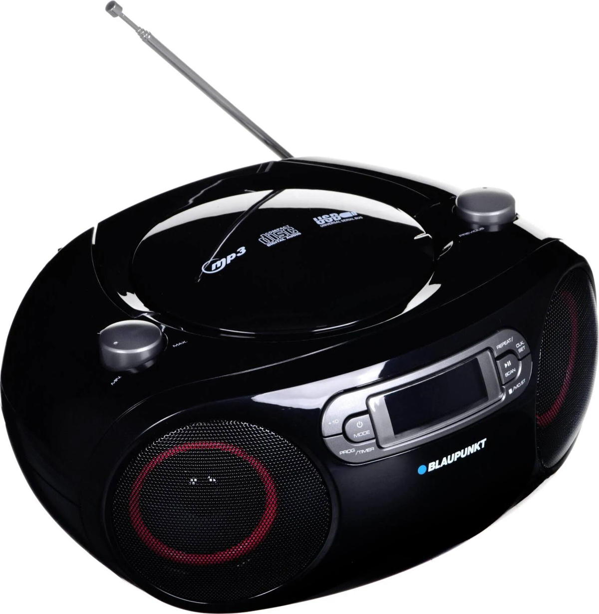 Eine schwarze Boombox mit Radio und CD-Player, mit roten Akzenten an den Lautsprechern und Bedienelementen.