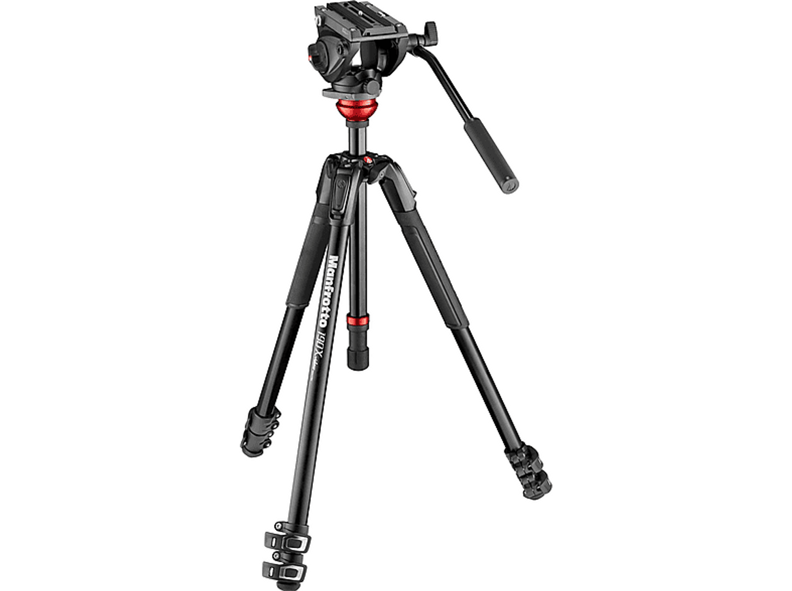 Un trípode Manfrotto negro con cabezal rojo y asa negra. Está sobre una superficie negra.