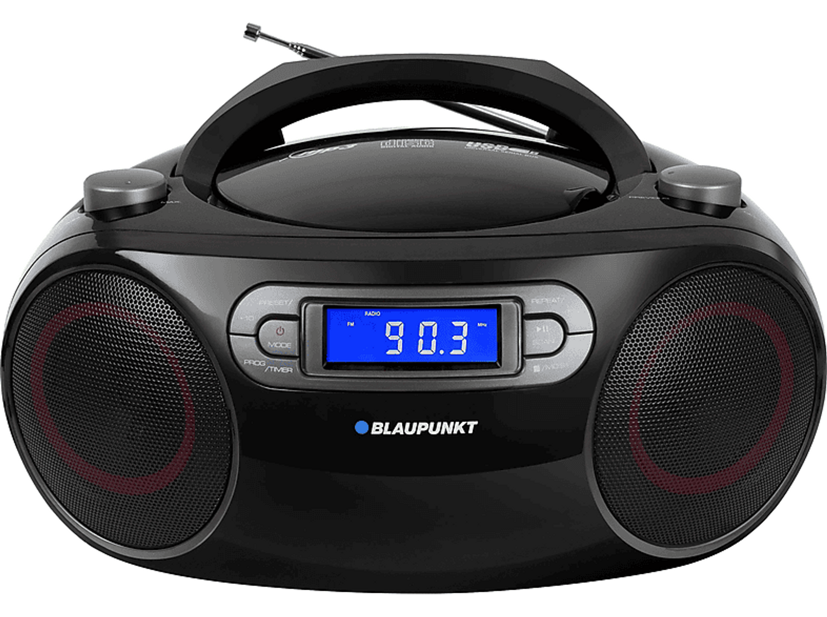 Schwarze Boombox mit Anzeige 90.3. Sie hat zwei rot umrandete Lautsprecher und einen Griff.