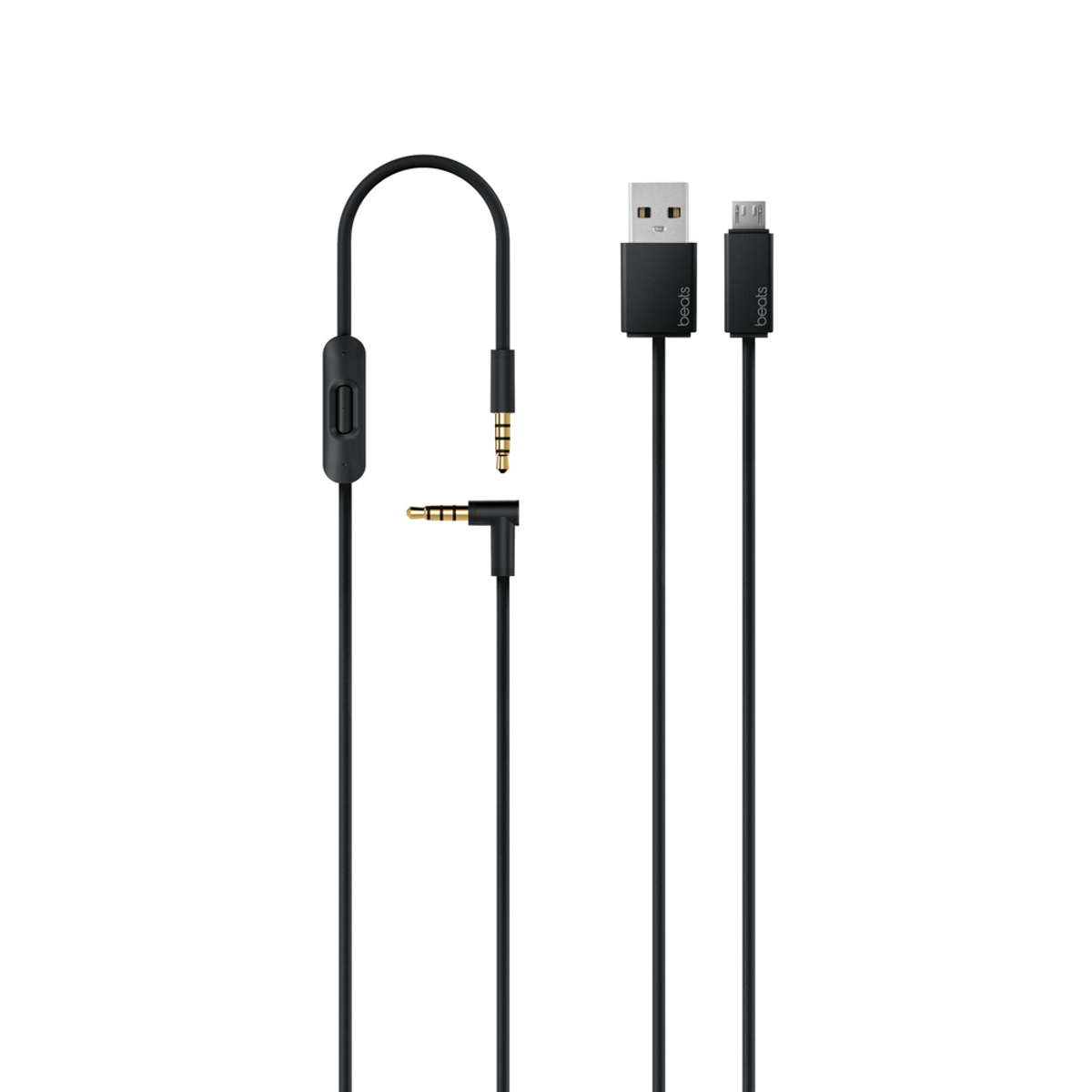 Czarne kable audio Beats z USB, wtyczką 3,5 mm i modułem sterowania.