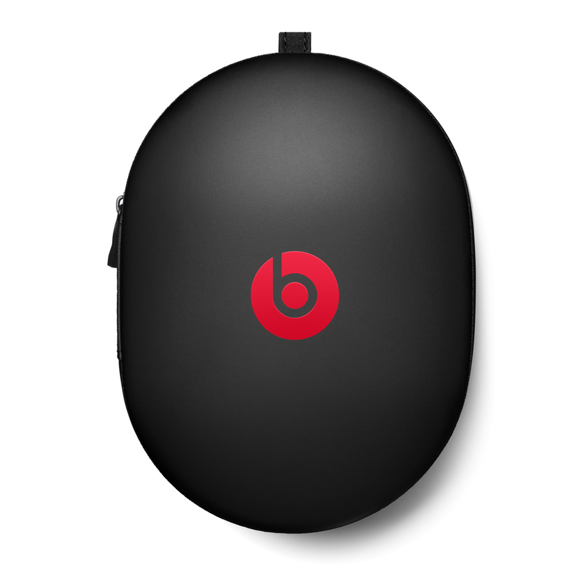 Czarne etui na słuchawki Beats z czerwonym logo Beats. Owalny kształt. Zamek błyskawiczny z boku.