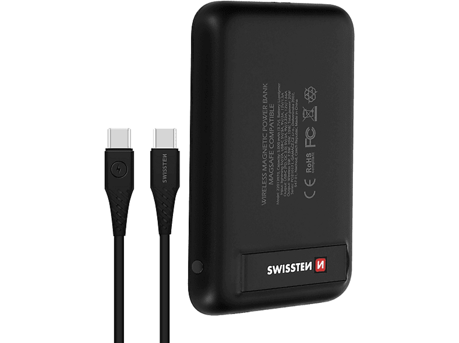Eine schwarze Powerbank mit Ladekabel und USB-C-Kabel daneben.